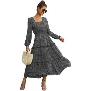 Black Long Sleeve Floral Print Flared Chiffon Maxi Dress